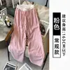 Calça Casual Reta Xadrez 2025 Feminina Cintura Alta Cordão Calça Wide Leg Verão Fluida Versátil Comprimento Total