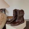 Botas Western de Punta Aguda Estilo Británico con Corte en V y Tacón Grueso para Mujer, Nuevas Botas Martin Retro de Tacón Medio Versátiles hasta Media Pantorrilla para Otoño e Invierno