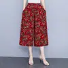 Verão Nova Chegada Cortada Calças Largas Calças Femininas Moda Tamanho Grande Culottes Elasticated Cintura Alta Algodão Flor de Seda Calças Calças de Dança para a Mãe