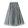 Vestido Midi de Tul a Cuadros para Mujer Moda Cintura Alta Línea A Falda Plisada de Varios Niveles