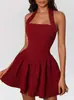 2025 Europa y Estados Unidos vestido cruzado de tirantes mini con volantes costuras nuevas espalda descubierta sexy dobladillo de encaje cintura alta