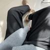 Calça de sarja com padrão espinha de peixe, cintura elástica com cordão, perna larga, outono e inverno, nova, solta, modeladora, reta, com fenda pequena, calça casual