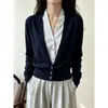 Cardigan de Tricô Azul Escuro com Decote V Falso Duas Peças Estilo Old Money para Mulheres, Lançamento Outono 2026, Pulôver Solto de Mangas Compridas
