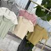 Camiseta de Algodón con Hilo Color Macarrón Estilo Coreano Verano Todo Combina Top Ultracorto Pulóver Cuello Redondo Estilo Sencillo para Mujer