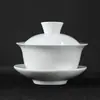 Tigela de Chá com Tampa de Porcelana Branca Alta Tigela de Chá Cerâmica de Três Tampas Pintada à Mão Jingdezhen Porcelana Azul e Branca Tigela de Chá