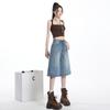 2552# Jeans Rectos de Cintura Alta Azul Americano para Mujer Pantalones de Pierna Ancha Sueltos de Pierna Media Pantalones Versátiles