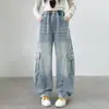 Calça Jeans Cargo Feminina Primavera e Outono 2026 Novo Estilo de Primavera Versátil Calça Reta para Crianças Maiores, Calça Curva