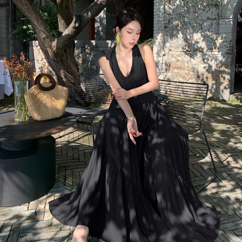 商品详情图_法式高级感绑带挂脖A字裙女夏性感露背度假长裙