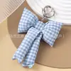 Estilo Coreano Estilo Ins Xadrez Azul Rosa Tecido Feito à Mão Laço Pérola Chaveiro de Carro Pingente Decoração para Pendurar em Mochila de Menina
