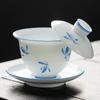 Tazón de té de porcelana blanca de una sola pieza, pintado a mano en celadón, con tapa para ceremonia del té, hecho de celadón de jade de grasa de oveja