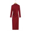 Exportação Transfronteiriça Roupas Femininas Outono 2025 Europeu e Americano Gola Alta Pequena Manga Longa Cintura Franzida Vestido de Tricô para Mulheres D49821