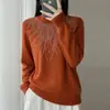 Suéter de punto para mujer con cuello semi-alto y adornos de pedrería, para otoño e invierno, elegante suéter de manga larga, estiliza y es versátil, perfecto como capa interior o top base