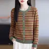 Cárdigan de punto jacquard a rayas Fair Isle retro, suéter de cuello redondo color block para mujer, ajuste holgado y cálida capa base