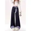 Talla Grande Gordo mm Pajarita Empalme a Cuadros Jeans Pantalones de Pierna Ancha Sueltos de Cintura Alta Diseño de Primavera y Verano para Mujer