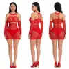 Temu vermelho Natal roupa íntima jacquard malha vazada pescoço pendurado body saia justa malha body sexy com luvas