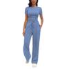 Conjunto de Moda Casual Popular Europeu e Americano Transfronteiriço Estilo Kardashian Blusa Plissada de Manga Curta e Calças Longas para Mulheres