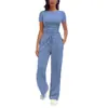 Conjunto de moda casual de venta caliente para comercio exterior transfronterizo europeo y americano 2026: conjunto de top plisado de manga corta y pantalones largos para mujer