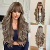 Peluca larga y ondulada para mujer con reflejos marrones, textura natural suave, cobertura total de la cabeza, 30 pulgadas