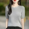Camiseta Feminina de Algodão com Gola Redonda e Trançado, Manga Curta, Top Suéter Cruzado de Manga Curta, Camiseta Base de Manga Meia-Manga com Toque de Luxo para o Verão