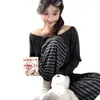 Pijama de Otoño e Invierno para Mujer, Dulce Estilo Nuevo, Ropa de Casa Hombros Descubiertos, Rayado de Rayón, Tacto de Alta Gama, Se Puede Usar Afuera, Estilo Primavera y Otoño para Mujer