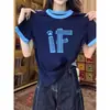 Camiseta de Manga Corta Estampada en Bloques de Color Azul Marino con Hombro Recto para Mujer, Nuevo Estilo Verano 2026, Moda de Alta Gama, Top Moderno que Reduce la Edad