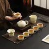 Conjunto de Chá Kung Fu Bege Forno Ru Bule de Cerâmica, Tigela com Tampa, Xícara de Chá, Conjunto Completo Caixa de Presente de Luxo, Presente Souvenir para Clientes