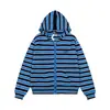 Sudadera con capucha de punto a rayas de bloques de color retro americano con bordado de stickman, cárdigan casual holgado unisex, moderno
