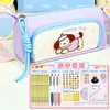 Estuche para lápices de gran capacidad con diseño de cachorro de dibujos animados en colorblock dopamina, caja de papelería de varias capas de alta apariencia estilo coreano estilo ins, bolsa para lápices