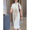 23108 Da Ai Mei Yi Yuan Verão 2026 Novo Vestido Cor Sólida Estilo Coreano com Gola Alta, Mangas Curtas e Caimento Solto para Mulheres