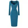 Vestido ajustado de manga larga con escote en V, puramente seductor y sexy, vestido de otoño de longitud media con cintura plisada ceñida y ajuste slim, con un estilo de chica atractiva