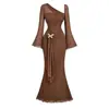 Vestido midi de gasa fina ligeramente transparente de color liso estilo chica picante con mangas acampanadas para mujer primavera y otoño transfronterizo decoración tridimensional ceñido a la cintura vestido largo de cola de pez