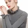 Suéter de cachemira de cuello medio para mujer, jersey, cuello de oreja, suéter de manga de encaje, suéter base corto ajustado para mujer, otoño e invierno