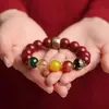 Pulseira de Ágata Roxo-Dourada Natural, Cinco Deuses da Riqueza, Pixiu Cor de Cinábrio, Contas da Fortuna para Homens e Mulheres, Adequado para o Ano de Nascimento