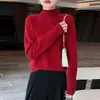 Suéter de punto de lana 100% pura, grosor de siete agujas, cuello alto medio, para mujer, capa base de manga larga con puños trenzados, suéter de moda