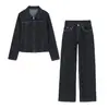 Conjunto de Traje Estilo Vaquero con Solapa Retro y Cremallera Transfronterizo para Mujer Conjunto de Dos Piezas: Top Corto de Manga Larga con Cremallera y Pantalones Largos de Pierna Ancha de Cintura Baja
