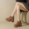 Zapatos de Salón de Tacón Ultra Alto de 10.5cm Estilo Nuevo Primavera y Otoño 2026 Punta Redonda Suela Gruesa Tacón Grueso Corte Profundo Con Cordones Aumentadores de Altura Zapatos de Piel para Mujer