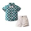 Conjunto de Camisa Xadrez e Calça Casual para Meninos Verão 2024 Novo Conjunto Xadrez de Manga Curta para Crianças Estoque Pronto de Fábrica