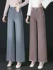 3179 Calças de Perna Larga Novas de Primavera e Outono Jeans de Perna Reta Versátil Elegante Emagrecedor Plus Size Calças Femininas Casuais Suaves Estilo Hong Kong