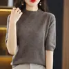 Camisa básica de tricô da moda, versátil para primavera e outono, novo top justo de cinco mangas, gola alta solta, estilo feminino de manga média