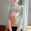 Tejido de punto para mujer con estampado estilo vintage, manga larga, cuello redondo fino, nuevo top base de otoño, top fino