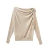 Toma real: Elegante top de punto con cuello de lazo y hombros descubiertos estilo francés para mujer, top casual y relajado de manga larga para otoño