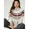 Suéter 100% cashmere puro, nova coleção outono/inverno feminina, padrão Fair Isle, espessado, zíper duplo, gola alta discreta, cardigã de tricô