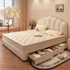 Estilo Crema Concha Cuero Genuino Luz de Cama Lujo Moderno Minimalista Cama Doble de 1.8m Dormitorio Principal Gama Alta Grande Suave Tapizado Cama de Boda