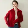 Cachemira 2025 Otoño e Invierno Nuevo Cárdigan Suéter de Punto para Mujer Corto Suelto Solapa Polo Color Puro Doble Cremallera