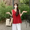 6221 # Tops de Verão, Modernos e Rejuvenescedores, Camisas Babydoll com Decote V para Mulheres, Tecido Solto de Algodão e Linho para Uso Casual, Versátil e Emagrecedor