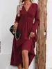 Vestido Elegante Largo de Mujer para Otoño e Invierno, Color Sólido, Superpuesto, Cuello en V, Manga Larga, Cintura Fruncida, Nuevo Vestido Largo para Mujer