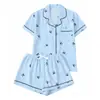 Europa 2026 Verano Conjunto de Pijama de Burbuja Crepé para Mujer Manga Corta Simple Azul Ropa de Casa Venta Directa de Fábrica