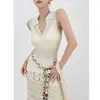 Chaleco de Punto con Patrón de Ganchillo de Alta Gama, Solapa de Polo, para Mujer, Aspecto Adelgazante, Top sin Mangas
