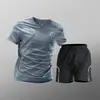 Traje Deportivo de Secado Rápido para Hombre, Verano Hielo Seda Manga Corta Pantalones Cortos Camiseta Ropa para Correr Exportación Transfronteriza Venta al por Mayor de Fábrica