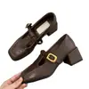 Versão em estoque~Sapatos Mary Jane elegantes de salto alto com bico quadrado vintage, com recorte discreto, fivela de tira única, salto grosso, adequados para o trabalho, sapatos femininos de salto alto